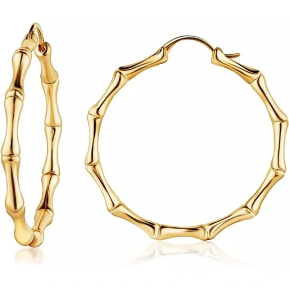 Womens Gold Bamboo Hoop Earrings 18K Gold‎ Plated - Picture 2 of 8